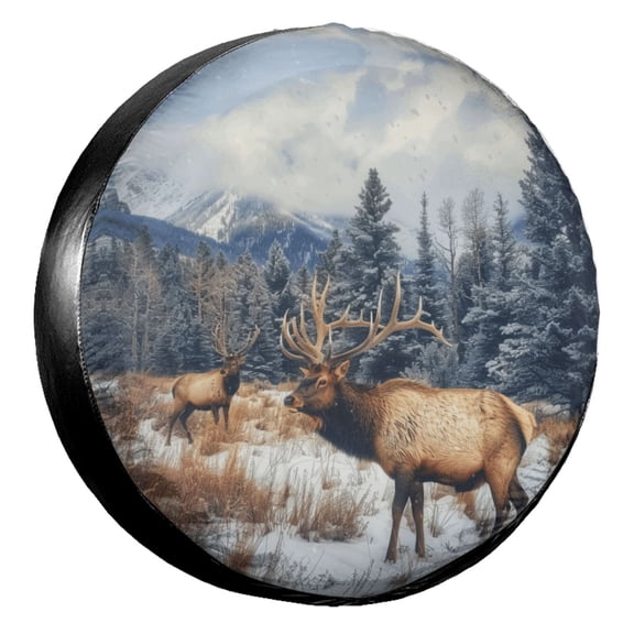 KAKALAD Elk In Snow 01 Spare Tire Cover Universal Vehicle Accessories Buckle Car Tools 15”in