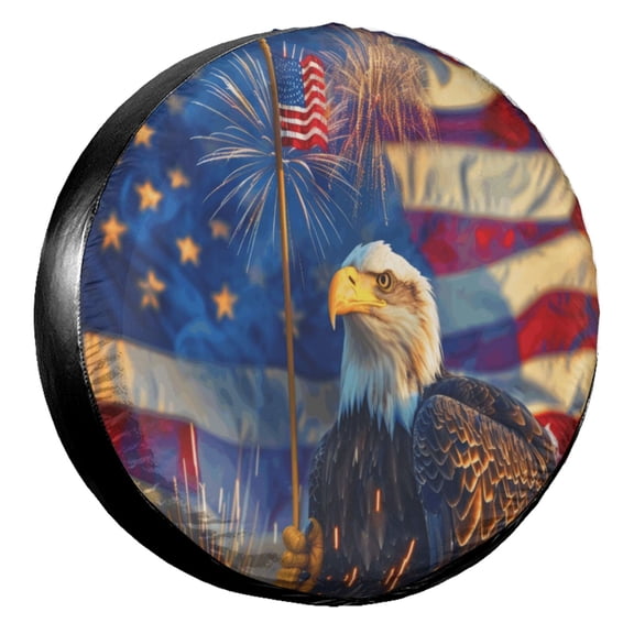 KAKALAD Fireworks Bald Eagle American Flag 02 Tire Cover Universal Durable Waterproof Car Vehicle Tools Accessories Buckle 14” Inch