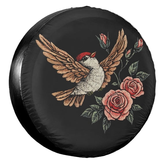 KAKALAD Flying Bird Roses Embroidery Spare Tire Cover Universal Vehicle Accessories Buckle Car Tools 17”in