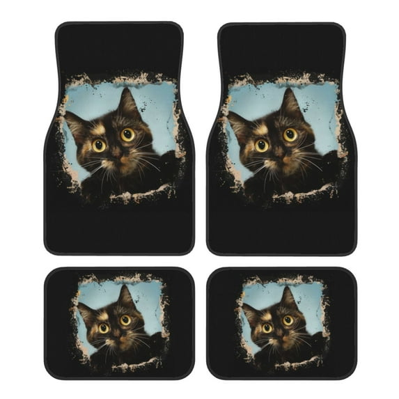 KAKALAD Funny Cat Black 01 Car Floor Mats 4PC Set Carpet Protection, Universal Fit for Car SUV VA & Truck, Vehicle Front & Rear