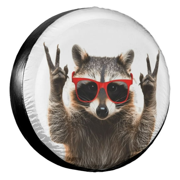 KAKALAD Funny Raccoon Red Sunglasses 01-1 Universal Spare Tire Cover Car Vehicle Tools For Rv SUV Truck Camper Travel Trailer Accessories Buckle 16” Inch