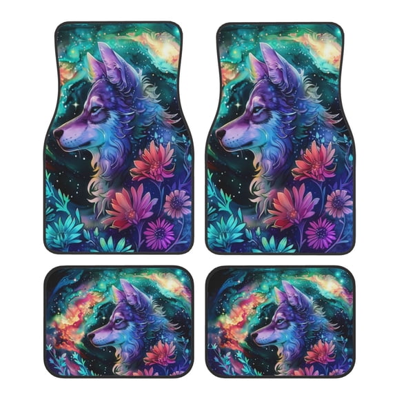 KAKALAD Galaxy Starry Sky Wolf Flowers 04 Car Floor Mats 4PC Set Carpet Protection, Universal Fit for Car SUV VA & Truck, Vehicle Front & Rear