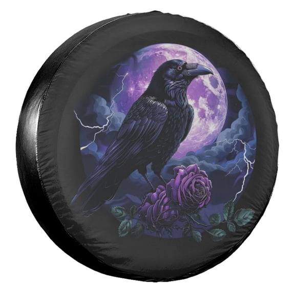 KAKALAD Gothic Crow Purple Full Moon Black Spare Tire Cover Universal Vehicle Accessories Buckle Car Tools 16”in