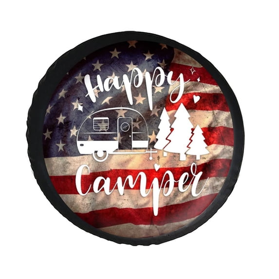 KAKALAD Camper Happy USA Flag Spare Tire Cover PVC Leather Universal Vehicle Accessories Buckle Car Tools 16”in