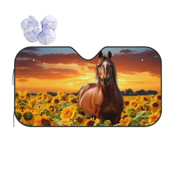 KAKALAD Horse Sunflowers 03 Universal Windshield Car Sun Shades Accordion Folding Auto Aluminum Sunshade 51"x 27.5"