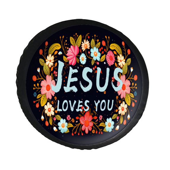 KAKALAD Jesus Loves You Christian Monogram 03 Spare Tire Cover PVC Leather Universal Vehicle Accessories Buckle Car Tools 14”in