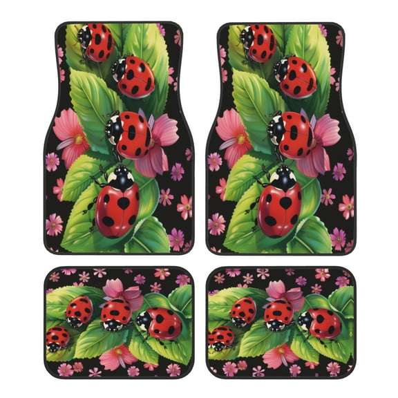 KAKALAD Ladybugs On Leaves Spring 01 Car Floor Mats 4PC Set Carpet Protection, Universal Fit for Car SUV VA & Truck, Vehicle Front & Rear