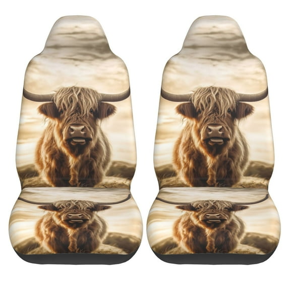 KAKALAD Long Horns Highland Cow Standing In Field 02 Car Accessories Seat Covers Set Vehicle Seat Covers Universal Front Seats Protector 2 Pcs