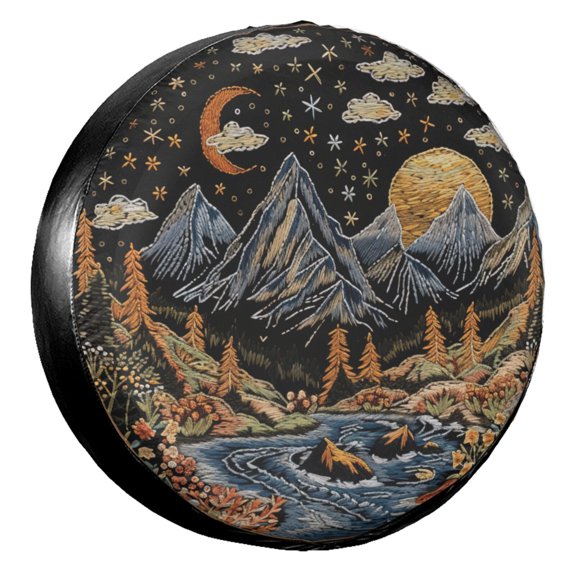 KAKALAD Mbroidery Camping Mountains Spare Tire Cover Universal Vehicle Accessories Buckle Car Tools 15”in