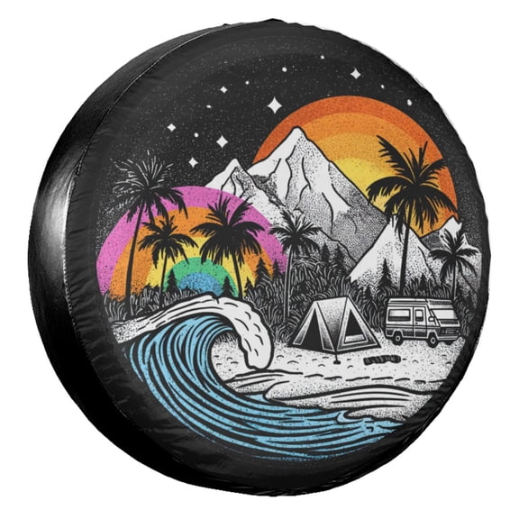 KAKALAD Mountain Surfing Waves Palm Trees 01 Spare Tire Cover Universal Vehicle Accessories Buckle Car Tools 15”in
