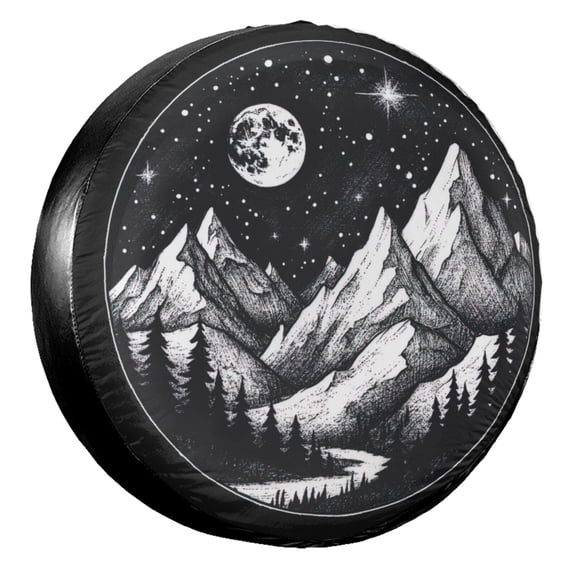 KAKALAD Mountain Views Moon And Stars In The Sky Spare Tire Cover Universal Vehicle Accessories Buckle Car Tools 16”in