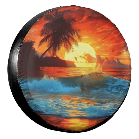 KAKALAD Ocean Sunrise Tropical Palm Tree Island Hawaiian Sunset Sea Waves Summer 01 Spare Tire Cover Universal Vehicle Accessories Buckle Car Tools 14”in