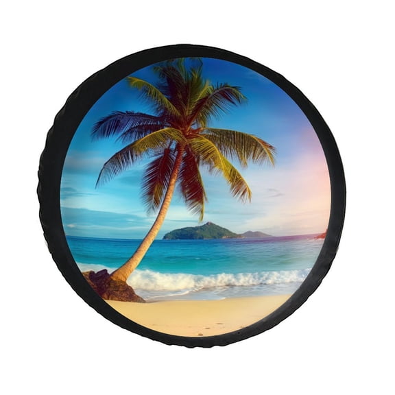 KAKALAD Ocean Sunrise Tropical Palm Tree Island Hawaiian Waves 01 Spare Tire Cover PVC Leather Universal Vehicle Accessories Buckle Car Tools 14”in