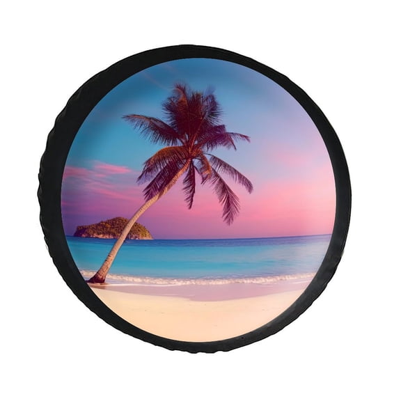 KAKALAD Ocean Sunrise Tropical Palm Tree Island Hawaiian Waves 02 Spare Tire Cover PVC Leather Universal Vehicle Accessories Buckle Car Tools 17”in