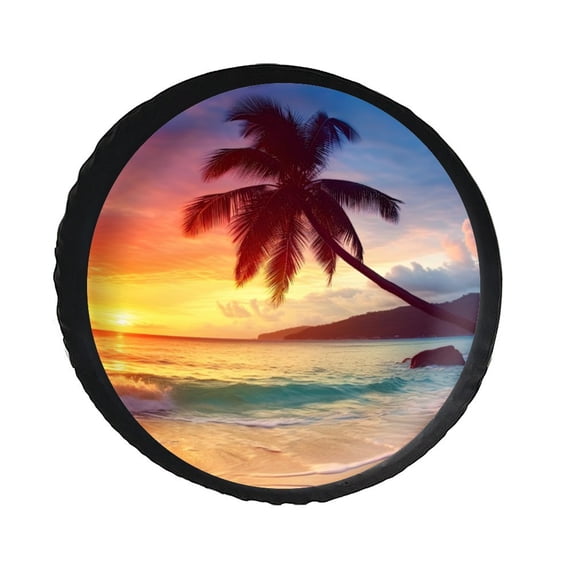 KAKALAD Ocean Sunrise Tropical Palm Tree Island Hawaiian Waves 04 Spare Tire Cover PVC Leather Wheel Protectors Universal Dust-Proof for Trailer Rv SUV Truck Camper Travel Trailer Accessories 14 Inch