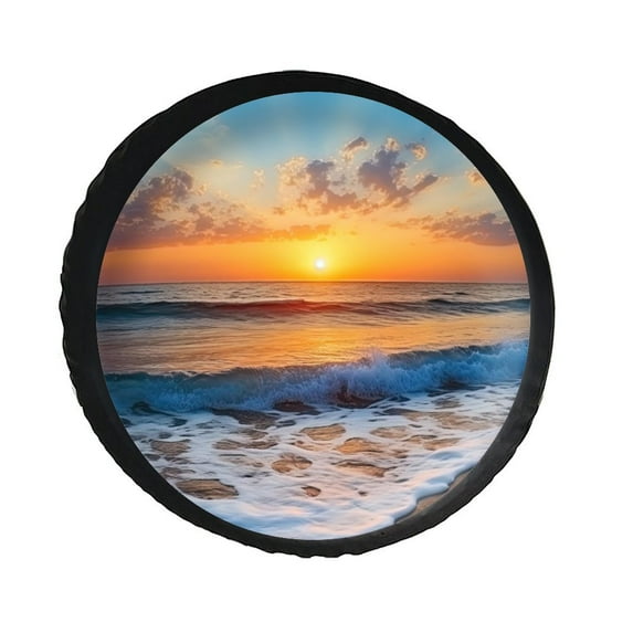 KAKALAD Ocean Waves Beach Sand Seaside Sunrise 01 Spare Tire Cover PVC Leather Wheel Protectors Weatherproof Universal Dust-Proof for Trailer Rv SUV Truck Camper Travel Trailer Accessories 14 ” Inch