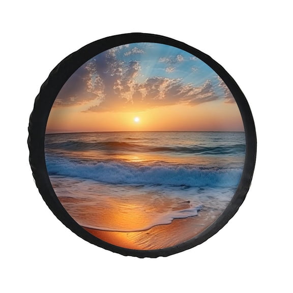 KAKALAD Ocean Waves Beach Sand Seaside Sunrise 02 Spare Tire Cover PVC Leather Universal Vehicle Accessories Buckle Car Tools 15”in