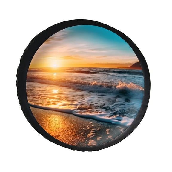 KAKALAD Ocean Waves Beach Sand Seaside Sunset 01 Spare Tire Cover PVC Leather Universal Vehicle Accessories Buckle Car Tools 14”in