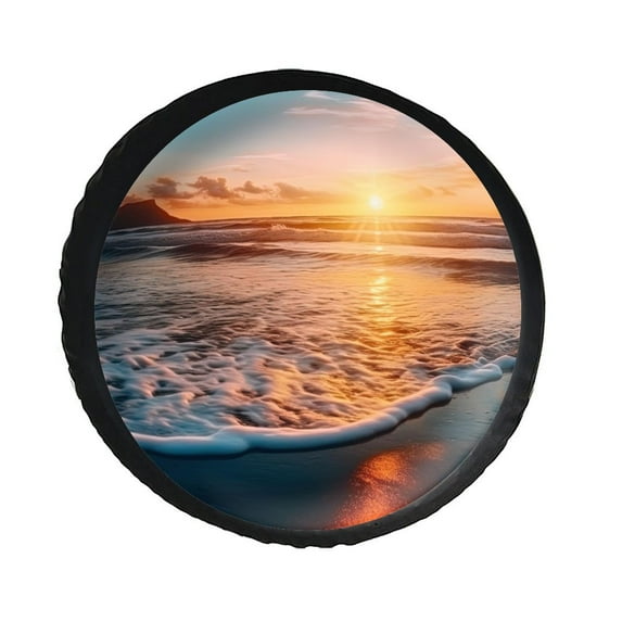 KAKALAD Ocean Waves Beach Sand Seaside Sunset 03 Spare Tire Cover PVC Leather Wheel Protectors Weatherproof Universal Dust-Proof for Trailer Rv SUV Truck Camper Travel Trailer Accessories 14 ” Inch