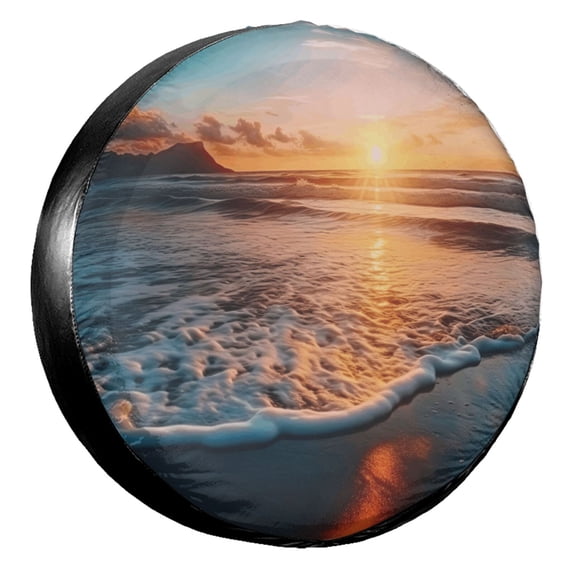 KAKALAD Ocean Waves Beach Sand Seaside Sunset 03 Spare Tire Cover Universal Vehicle Accessories Buckle Car Tools 14”in