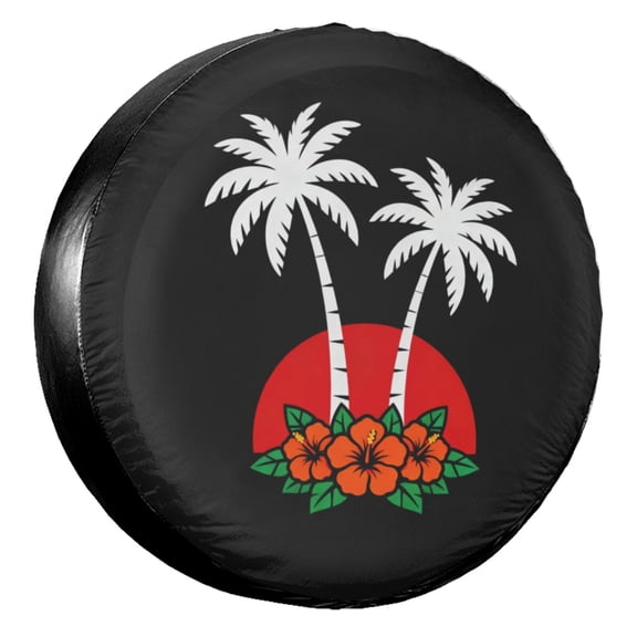 KAKALAD Palm Trees Sun Spare Tire Cover Universal Vehicle Accessories Buckle Car Tools 17”in