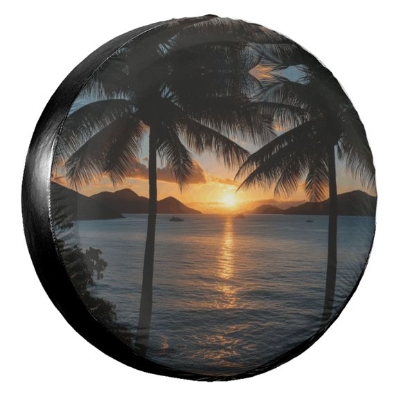 KAKALAD Palm Trees Sunset Spare Tire Cover Universal Vehicle Accessories Buckle Car Tools 14”in