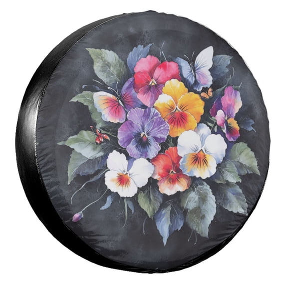 KAKALAD Pansy Watercolor Flower Bouquet Butterflies Spare Tire Cover Universal Vehicle Accessories Buckle Car Tools 16”in