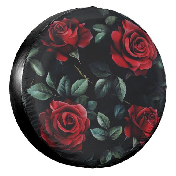 KAKALAD Red Roses Green Leaves Spare Tire Cover Universal Car Vehicle Tools For Rv SUV Truck Camper Travel Trailer Accessories Buckle 16” Inch