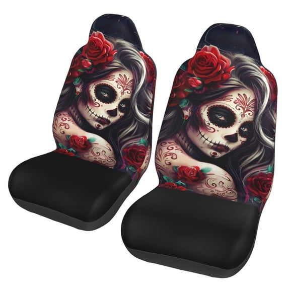 KAKALAD Rose Sugar Skull Girl 01 Universal Car Accessories Seat Covers Set Front Vehicle Seats Protector 2 Pcs