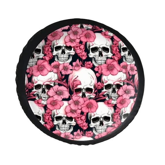 KAKALAD Sugar Skull Skeleton Flower Pink 08 Spare Tire Cover PVC Leather Universal Vehicle Accessories Buckle Car Tools 14”in