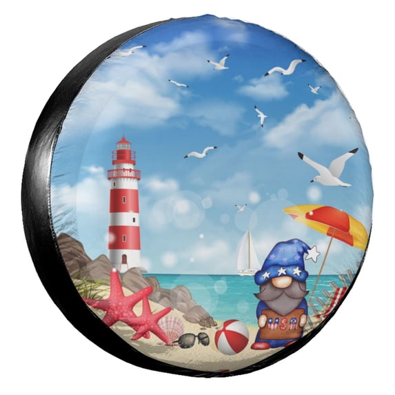 KAKALAD Summer Gnomes Humor Lighthouse Starfish Spare Tire Cover Universal Vehicle Accessories Buckle Car Tools 17”in