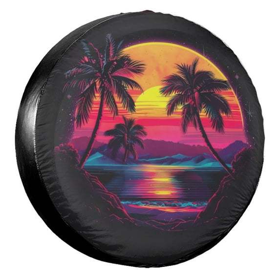 KAKALAD Sunset Tropical Sunsets Beach Landscape Spare Tire Cover Universal Car Vehicle Tools For Rv SUV Truck Camper Travel Trailer Accessories Buckle 17” Inch