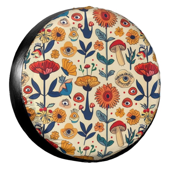 KAKALAD Surreal 70s Retro Psychedelic Floral Pattern 01 Spare Tire Cover Universal Vehicle Accessories Buckle Car Tools 14”in