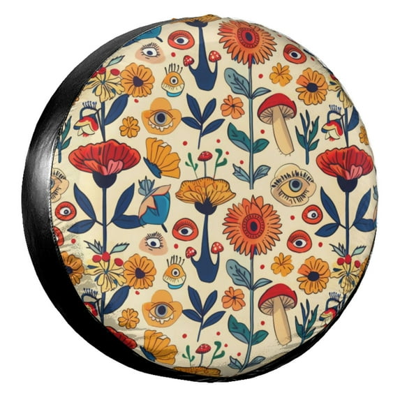 KAKALAD Surreal 70s Retro Psychedelic Floral Pattern 01 Spare Tire Cover Universal Vehicle Accessories Buckle Car Tools 17”in