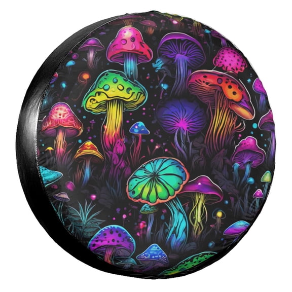 KAKALAD Trippy Neon Shroom Mushroom Spare Tire Cover Universal Vehicle Accessories Buckle Car Tools 17”in