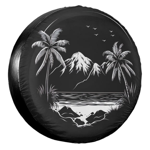 KAKALAD Tropical Beach With Palm Tress And Mountains 13 Spare Tire Cover Wheel Protectors Weatherproof Universal Vehicle Dust-Proof for Trailer Rv SUV Truck Camper Travel Trailer Accessories 14 ” Inch