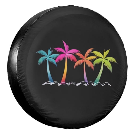 KAKALAD Tropical Palm Trees In Simple Beach Spare Tire Cover Universal Vehicle Accessories Buckle Car Tools 15”in