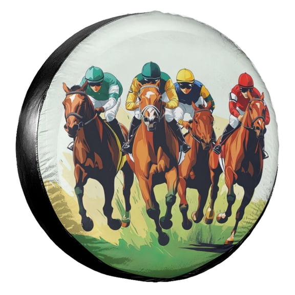 KAKALAD Vibrant Competitive Scene With Jockeys Racing 09 Spare Tire Cover Universal Vehicle Accessories Buckle Car Tools 17”in