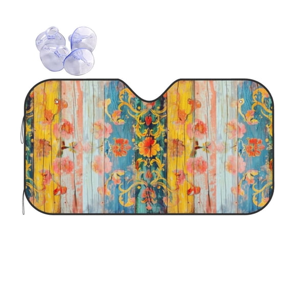 KAKALAD Vintage Colorful Artwork Painted On Wood Pattern 05 Universal Windshield Car Sun Shades Accordion Folding Auto Aluminum Sunshade 51"x 27.5"