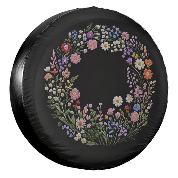 KAKALAD Wild Flowers Faux Embroidery Tire Cover Universal Durable Waterproof Car Vehicle Tools Accessories Buckle 14” Inch