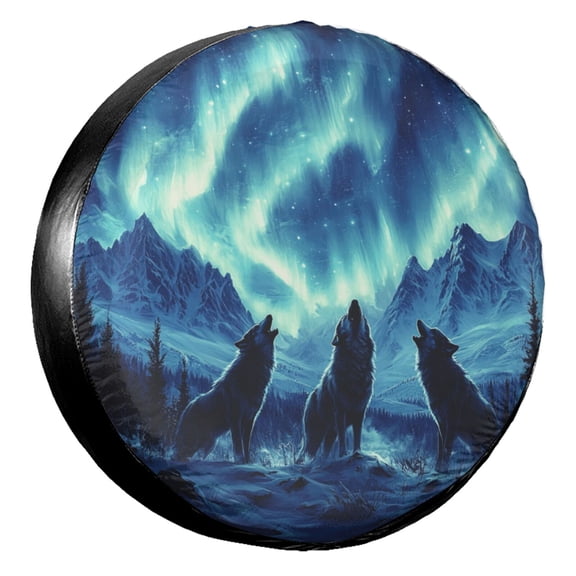 KAKALAD Wolf Howling Galaxy Pattern 01 Spare Tire Cover Universal Car Vehicle Tools For Rv SUV Truck Camper Travel Trailer Accessories Buckle 15” Inch