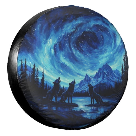 KAKALAD Wolf Howling Galaxy Pattern Spare Tire Cover Universal Vehicle Accessories Buckle Car Tools 15”in