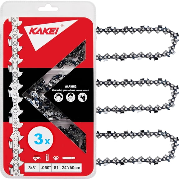KAKEI 24 Inch Chainsaw Chain 3/8" Pitch .050" Gauge 81 Drive Links Fits Echo, Poulan and More (3 Chains)