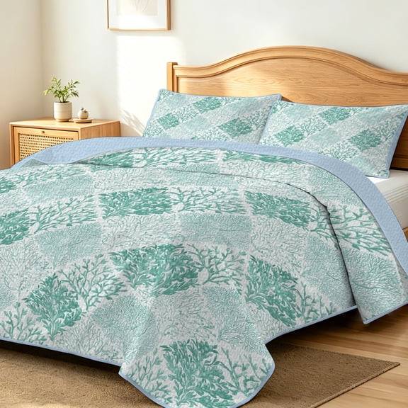 FIVERAM Coastal Quilt Set Twin Size,2 Pieces Teal Coral Pattern Bedspread with Pillow Shams,Lightweight Reversible Summer Ocean Bedding Coverlet for All Season