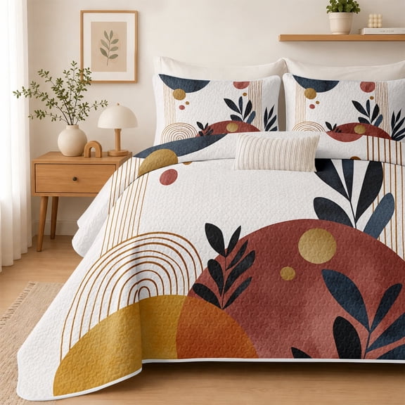 KAKIJUMN Twin Bed Quilt Sets,2 Pieces Boho Bedspread Coverlet with Pillow Sham,Lightweight Sun Geometric Leaf Pattern Mid Century Bedding Sets for Bedroom Decor