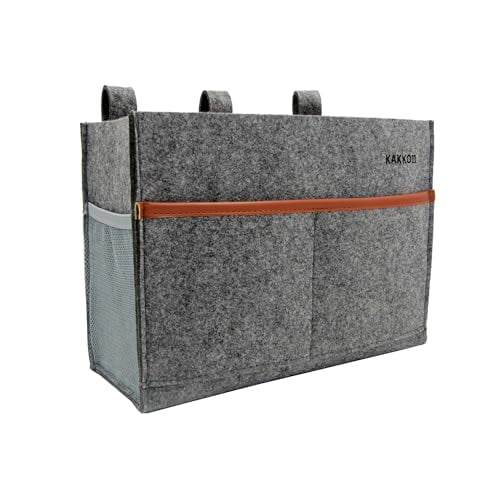 TEVIROOM KAKKOII Bedside Caddy, Hanging Storage Bag, Chair Organizer Caddy, Remote, Magazine, Drink Bottle, Cell Phone Holder with Fixed Straps for Hospital Bed, Dorm Bed, Baby Stuff, Office (Grey Small)