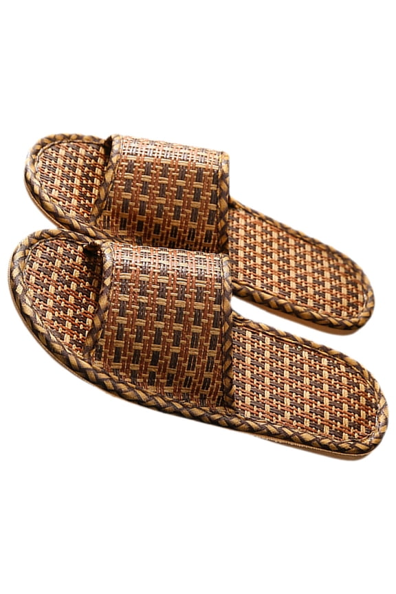 1 Pair Unisex Slippers for Home Use Woven Rattan Straw and PVC Breathable and Nonslip