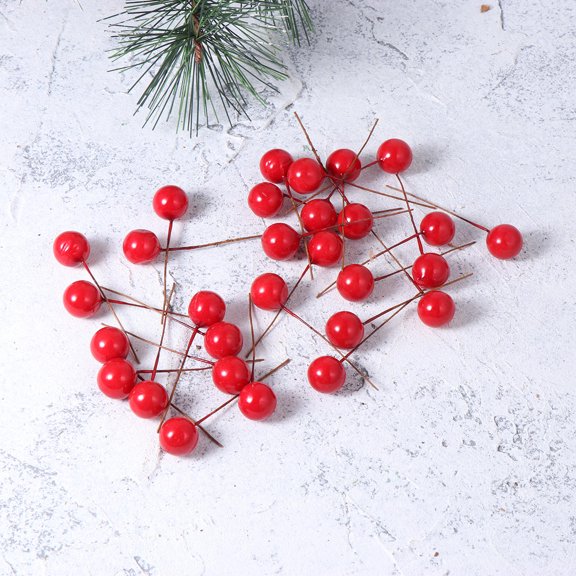 KAKOWELY 100Pcs Christmas Fruit Simulation Artificial Berry Ornament Red Round Shape