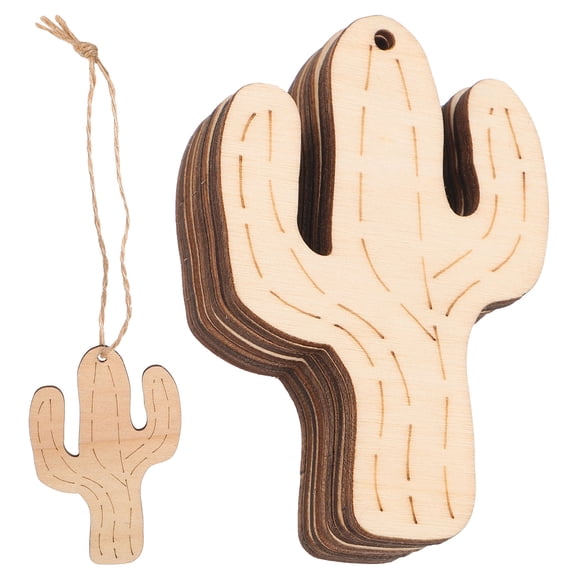 KAKOWELY 10Pcs Wooden Cactus Ornaments for Christmas Wood Crafts 3.6x2.3x0.1in Light Brown Rustic Style Decorations