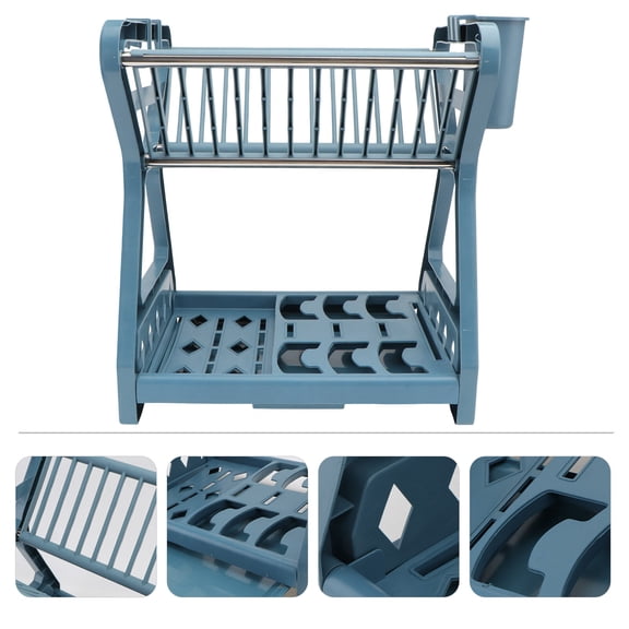 KAKOWELY 1Pcs Blue Plastic Drying Rack for Dishes with Double-Layer and Draining Function